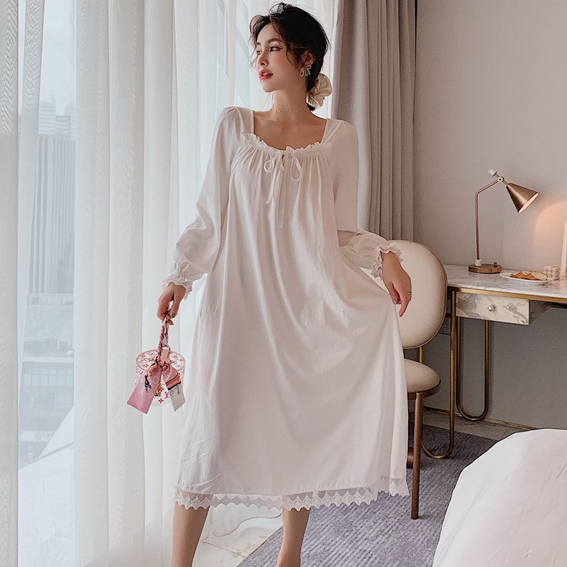 ชุดนอน-ผู้หญิง-ชุดนอนเดรสลูกไม้แขนยาวสไตล์เกาหลีคุณหนูสีขาวผ้านิ่มใส่สบายไซส์ใหญ่-m-xxl-d03พร้อมส่ง
