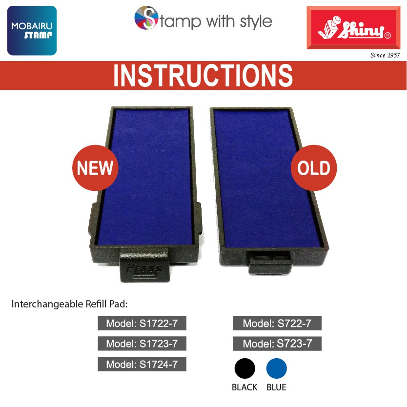 แผ่นหมึกเติมหมึก-สําหรับตรายางหมึกในตัว-แสตมป์เงางาม-old-s722-s723-s724-สีดํา-และสีน้ําเงิน