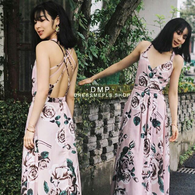 drees-me-pls-maxi-dress-ผ้าพิมพ์ลายกุหลาบโทนสีชมพูสวย-ง