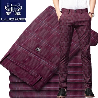 ¤Lowe Men s Casual กางเกงผู้ชายยืด Burgundy กางเกงลายสก๊อตผู้ชายกางเกงตรงเยาวชนกางเกงลายสก๊อตผู้ชายเกาหลีแนวโน้ม