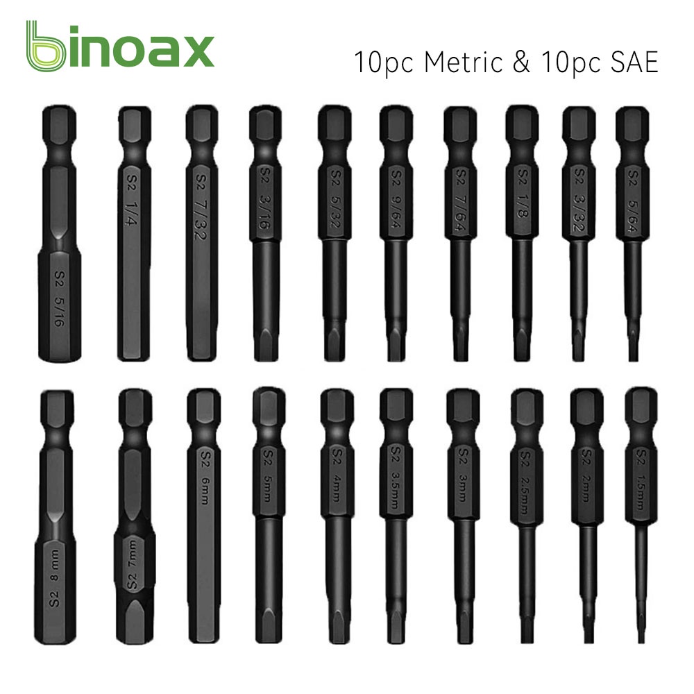 Binoax Hex Head Allen Wrench Drill Bit Set 10pc Metric & 10pc SAE 1/4