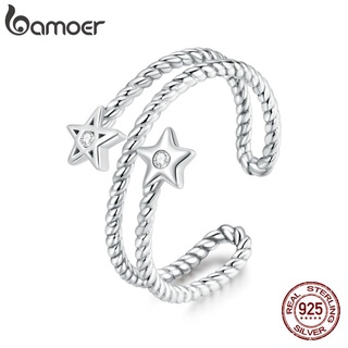 สินค้า Bamoer Sterling Silver 925 Adjustable Finger Ring Two Star and Line Design Women Statement  Party Jewelry SCR718