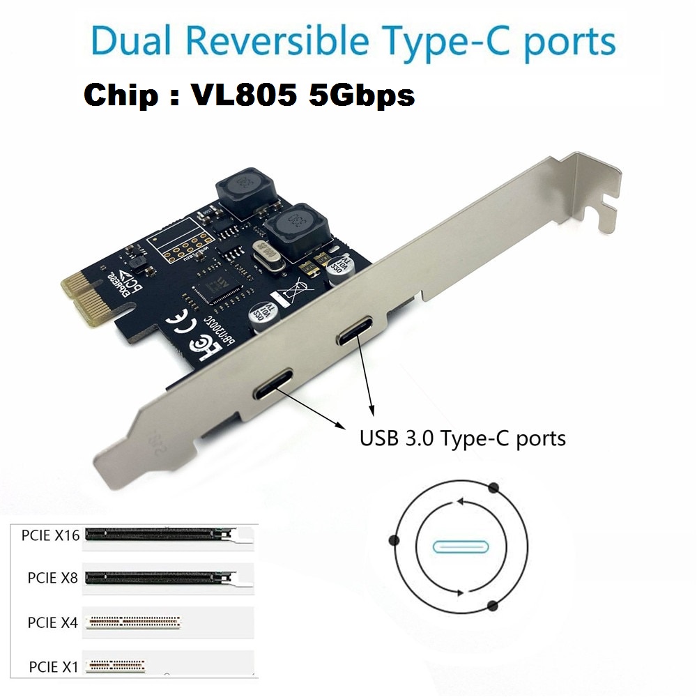 PCI-E 2 Port USB3.0 Type-C Expansion Card 5Gbps High Speed Type C ...