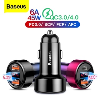 Baseus 45W Quick Charge 4.0 3.0 USB ที่ชาร์จแบตในรถสำหรับโทรศัพท์ Supercharge SCP QC4.0 QC3.0 Fast PD USB C โทรศัพท์มือถือ Charger