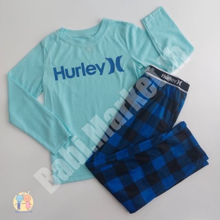 เซตเสื้อยืดเด็ก Unisex สีฟ้า กางเกงลายตารางน้ำเงินดำ Hurley ของใหม่
