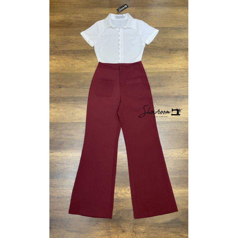 showroom-brand-burgundy-pant-co-ord-set-เซ็ตเสื้อเชิ้ตแขนสั้นกระดุมหน้า-กางเกงขายาว