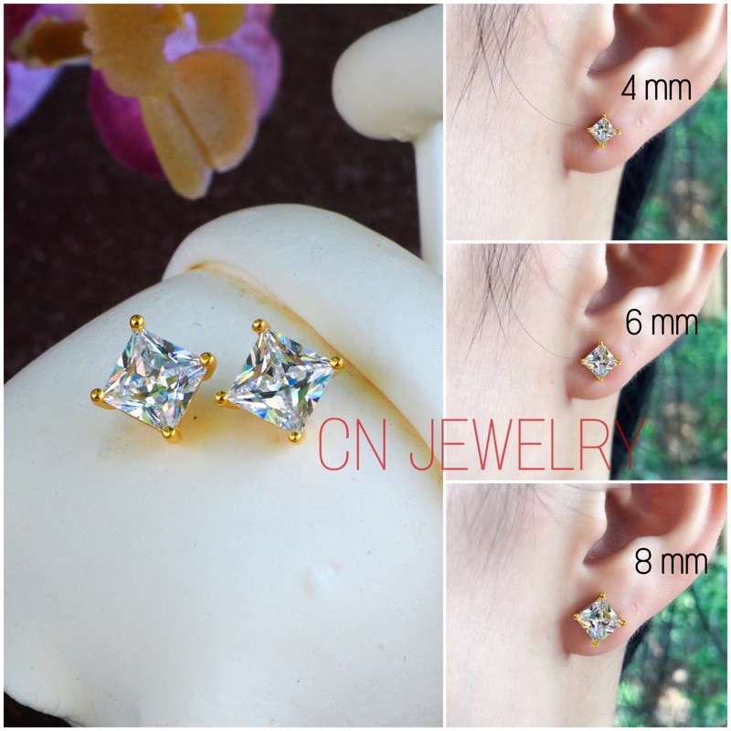 ราคาและรีวิวต่างหูเพชรสี่เหลี่ยม รุ่นขนาด 5mm-8mm 1คู่ CN Jewelry earing ตุ้มหู ต่างหูแฟชั่น ต่างหูเกาหลี ต่างหูทอง