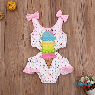 ราคาAQQ-Girl’s Sweet Ruffles One Piece Swimsuit Fashion Bow Ice Cream Print Hollow Suspender Swimsuit