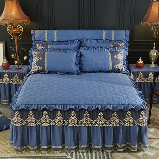 Xuan Yu สไตล์ยุโรปสีทึบกระโปรงเตียงผ้าปูเตียงสี่ชิ้นลูกไม้เจ้าหญิงผ้าคลุมเตียงผ้าปูที่นอนอุ่น