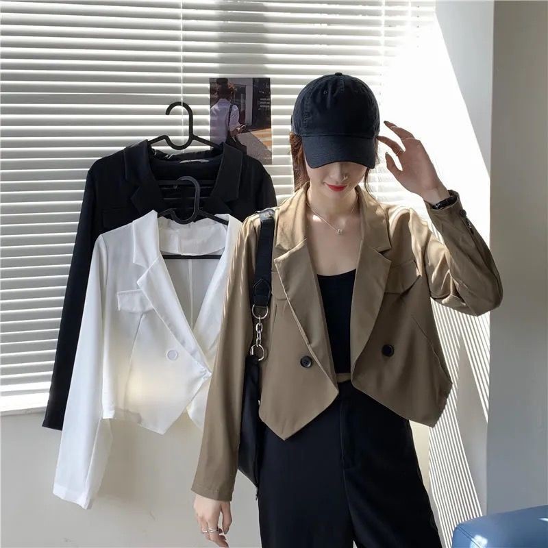 เสื้อสูทผู้หญิง-เสื้อแจ็คเก็ตสูทขนาดเล็กทรงหลวมสไตล์เกาหลีแขนยาวสีดำสูท