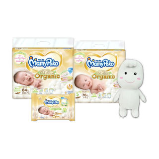 [ลด300โค้ดMAMYSPOMY] MamyPoko Super Premium Organic Welcome New Mom Set - ชุดของขวัญสำหรับคุณแม่มือใหม่ (ผ้าอ้อมเด็กแบบเทป ไซส์ NB, S + ทิชชู่เปียก 80 ชิ้น)