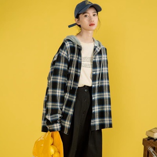 Sen Department ins hooded hit color top retro Hong Kong style slim plaid shirt jacket student college style top autumn