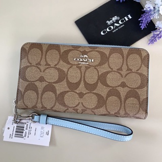 🎀 (สด-ผ่อน) กระเป๋าสตางค์ซิปรอบ มีสายคล้อง สายฟ้า coach C4452 LONG ZIP AROUND WALLET IN SIGNATURE CANVAS