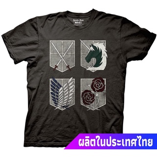 Attack on Titanเสื้อยืดยอดนิยม Ripple Junction Attack On Titan 4 Shields Adult T-Shirt Attack on Titan Popular T-shirts