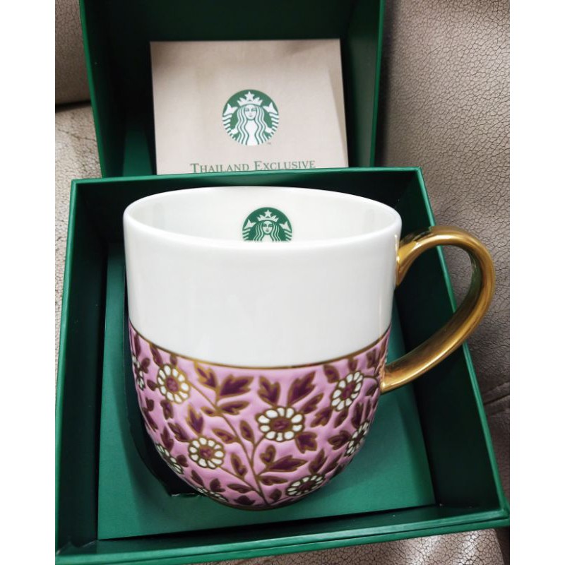 starbucks-ถ้วยเบญจรงค์สีขมพูขอบทอง-ของแท้