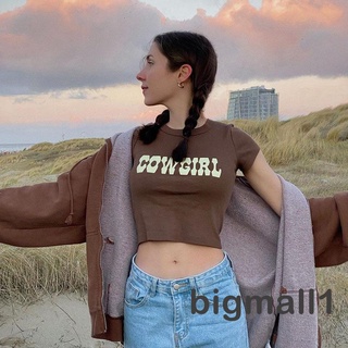 Bigmall- เสื้อยืดแขนสั้นคอกลมพิมพ์ลายตัวอักษรแฟชั่นสตรี