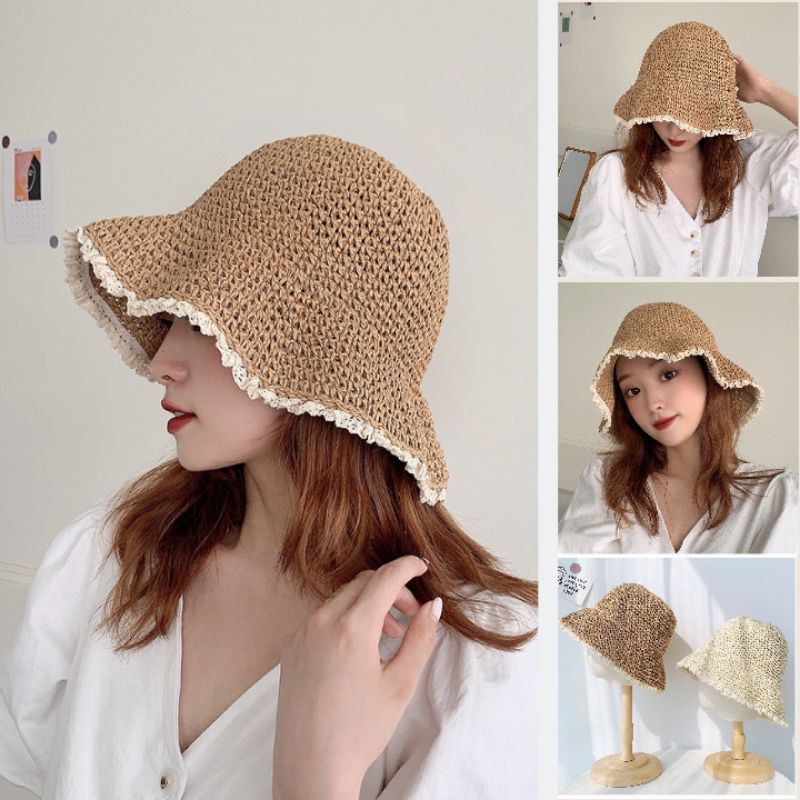 ราคาและรีวิวหมวกสานผู้หญิง แต่งระบายลูกไม้ (B38) หมวกบัคเก็ต หมวกปีกกว้าง
