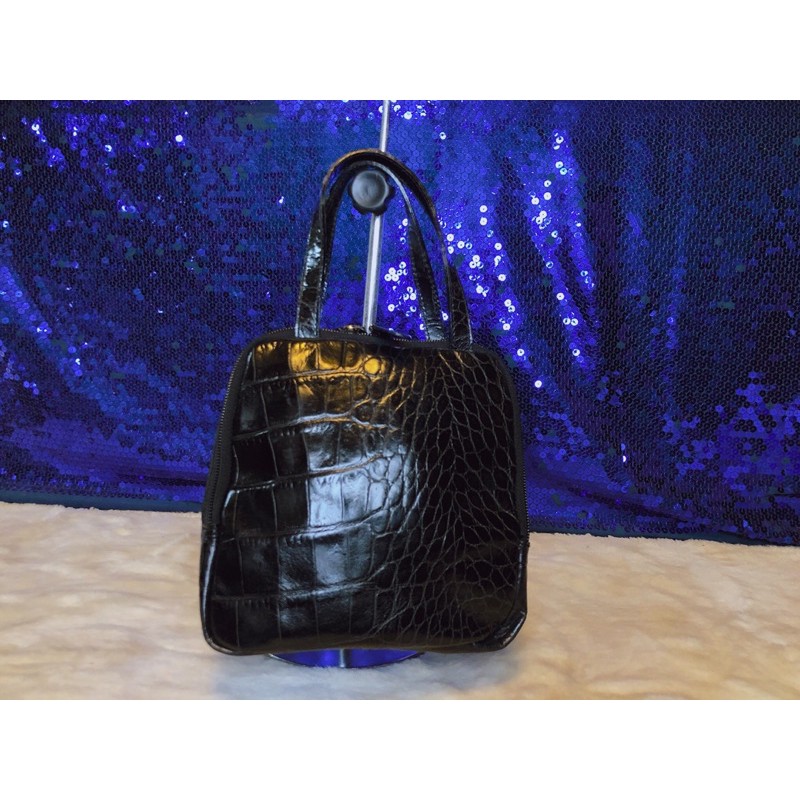 furla-black-croc-embossed-leather-handbag-แท้