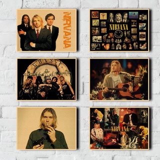 โปสเตอร์กระดาษคราฟท์ ลายวงร็อค Nirvana Kurt Cobain สไตล์เรโทร สําหรับตกแต่งหอพัก บาร์