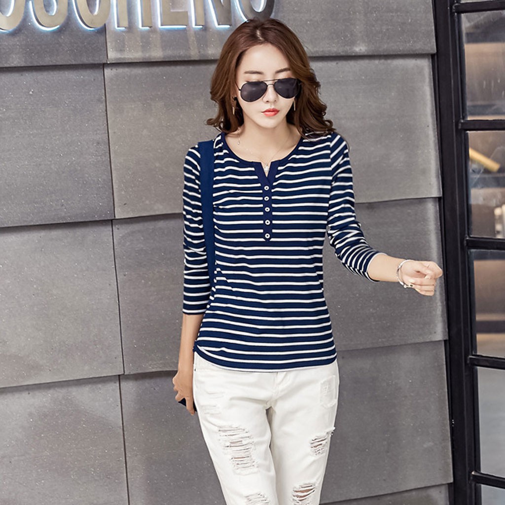 เสื้อยืดแขนยาว-คอล่องวี-ลายขวาง-สีน้ำเงิน-รหัส-flo9304