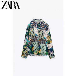 Zara ใหม่ เสื้อเชิ้ต ผ้าซาติน พิมพ์ลาย แฟชั่นฤดูใบไม้ร่วง สําหรับผู้หญิง 99113213เสื้อเบลาส์