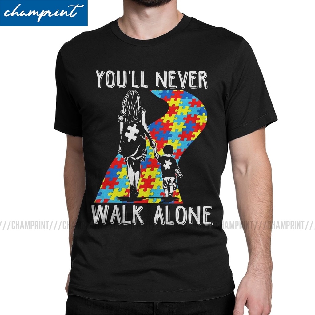 เสื้อยืดสีขาว-พร้อมส่ง-เสื้อยืดแขนสั้น-พิมพ์ลาย-mom-son-will-never-walk-alone-autism-awareness-แฟชั่นฤดูร้อน-สําหรับผู้