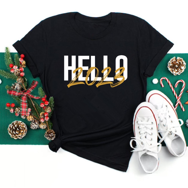 ready-stock-hello-2023-women-t-shirt-black-short-sleeve-new-year-tops-casual-christmas-teeเสื้อยืดผู้หญิง