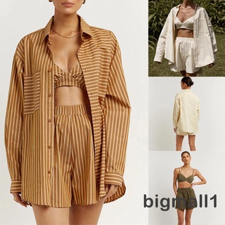 Bigmall- ชุดสูทผู้หญิง 3 ชิ้น, ชุดลายทาง / สีพื้น, เสื้อสายเดี่ยว + เสื้อแขนยาว + กางเกงขาสั้น เอวยางยืด
