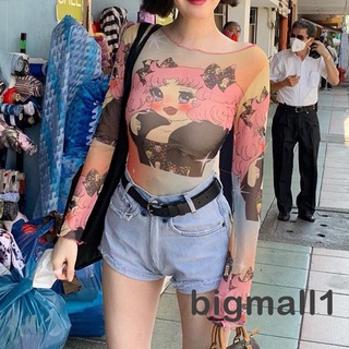 Bigmall- เสื้อท็อปแขนยาว คอกลม พิมพ์ลายการ์ตูน แบบเข้ารูป เหมาะกับฤดูร้อน สําหรับผู้หญิง ปาร์ตี้ ชายหาด