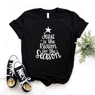เสื้อยืดสตรีคอกลมแขนสั้นพิมพ์ลาย Jesus Is The Reason for The Season