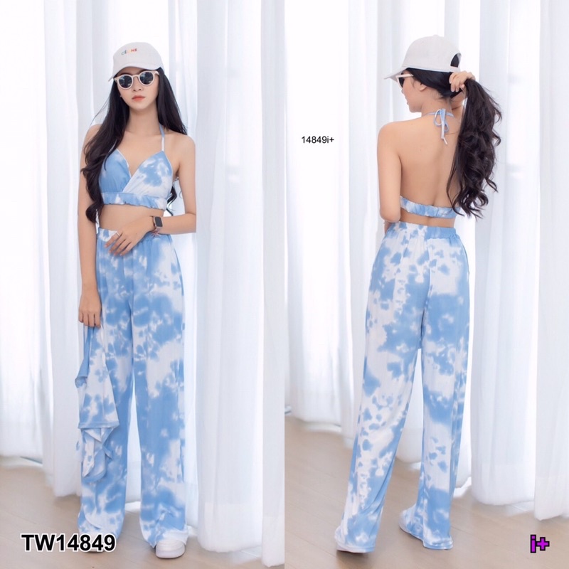 tw14849-set-3-ชิ้น-บราผูกคอ-เสื้อกล้าม-กางเกงขายาว-เอวสม็อกรอบ-มีกระเป๋าล้วงข้าง-เนื้อผ้า-sport-micro-ลายมัดย้อม