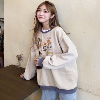 🎀คุ้มค่า เสื้อกันหนาวมีฮู้ดผ้าคอตตอนพิมพ์ลายการ์ตูนสำหรับผู้หญิงแขนยาวหลวมขนาดใหญ่เสื้อสวมหัวสไตล์เกาหลี SJ3060