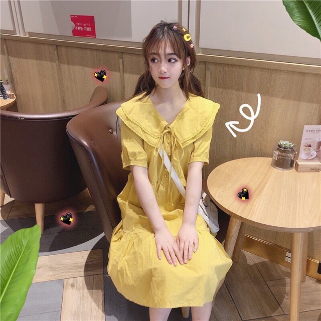 dressทรงยาวแขนตุ๊กตา-แต่งปกสองชั้นเย็บขอบลูกไม้เสริมโบว์ผูก