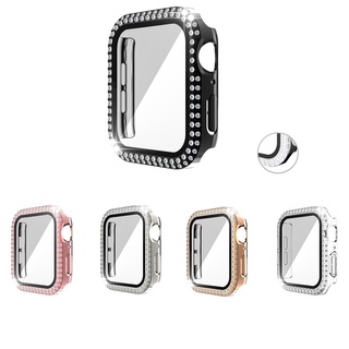 เคสกระจกนิรภัย ป้องกันหน้าจอ ประดับเพชรคริสตัล สําหรับ Apple Watch Series 7 SE 6 SE 5 4 3