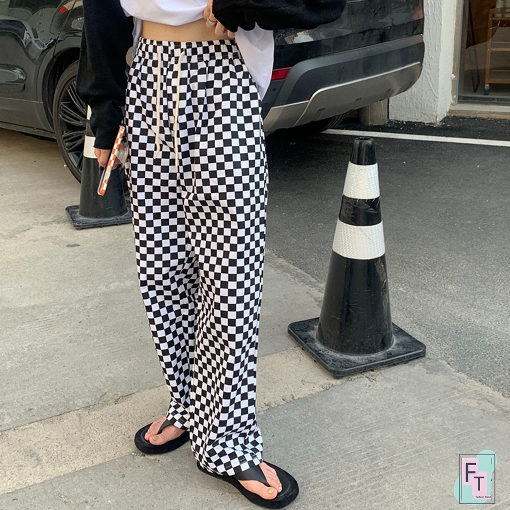 ft-อินเทรนด์-กางเกงขายาวลายตารางหมากรุก-3-สี-เอวยางยืด-ผ้าผสมโพลีเอสเตอร์ใส่สบาย