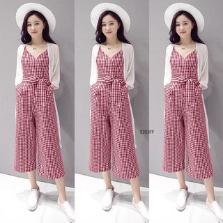 👚👖H5353-RED จั้มสูทสายเดี่ยวขายาวผ้าทอลายสก็อต มีกระเป๋าล้วงคร๊าาา งานซิปหลังเอวไม่สม็อค+เสื้อคลุมคอกผ้าชีฟอง