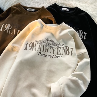 เสื้อกันหนาวแขนยาว คอกลม โอเวอร์ไซซ์ สไตล์เรโทร แฟชั่นอเมริกัน สําหรับผู้ชาย และผู้หญิง