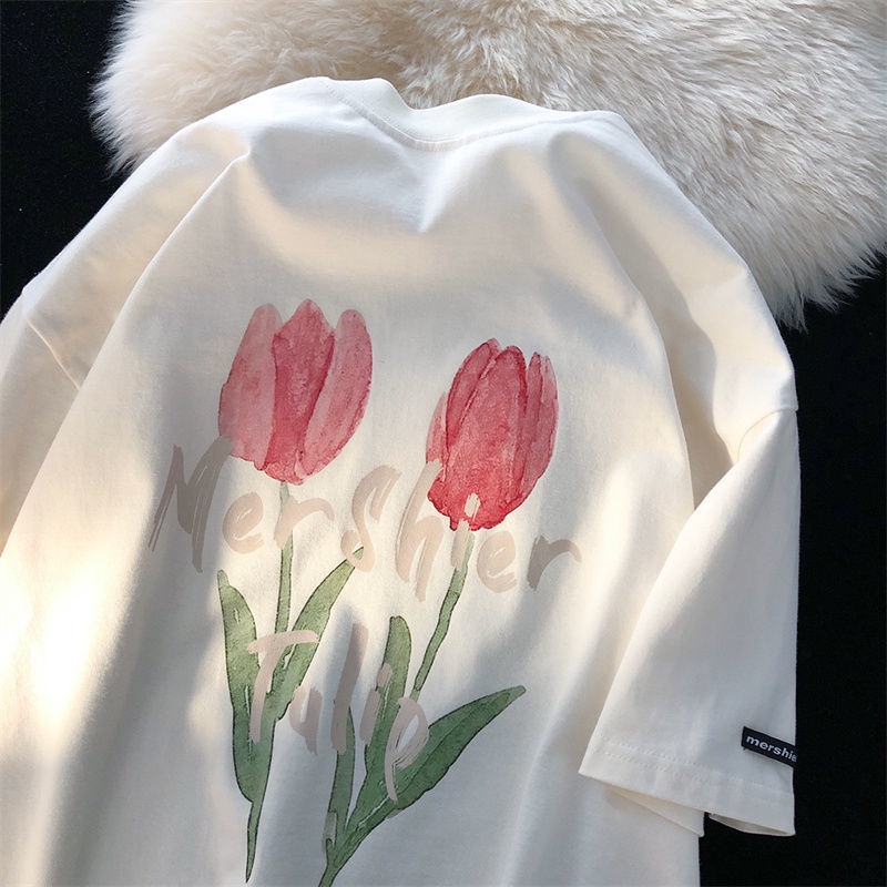 japanese-retro-oil-painting-tulip-printing-short-sleeved-t-shirt-2022-summer-new-korean-version-loose-half-sleeved-top
