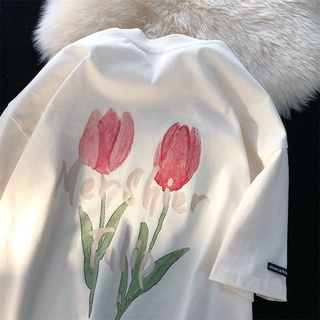 Japanese retro oil painting tulip printing short-sleeved T-shirt 2022 summer new Korean version loose half-sleeved top