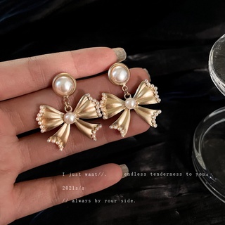 925 silver needle bow earrings Korean simple and versatile design pearl ear studs wind earrings temperament for girls fo