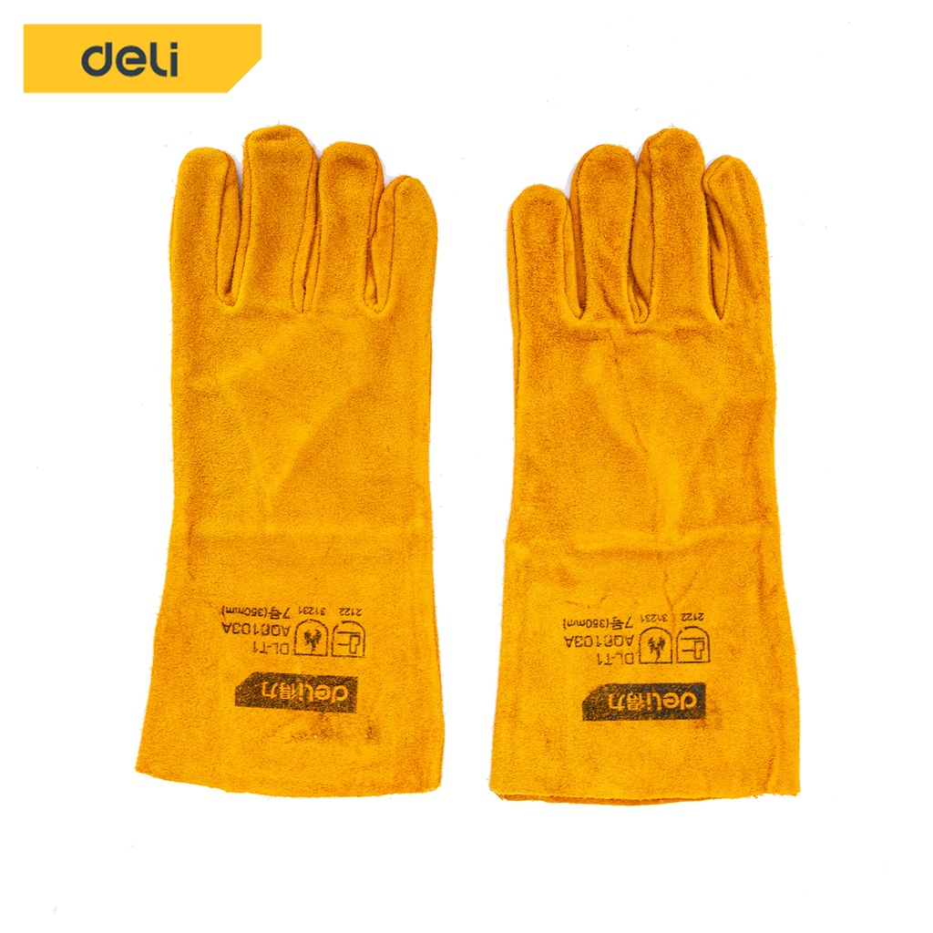 deli-ถุงมือหนังงานเชื่อม-ป้องกันความร้อน-สีน้ำตาลเหลือง