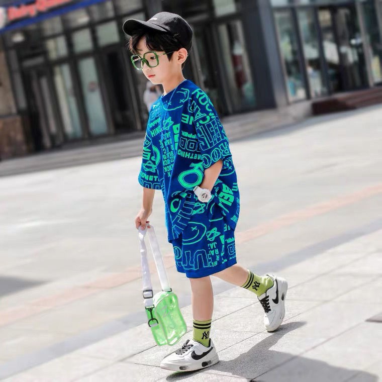 เกาหลีขายร้อน-เสื้อและกางเกงขาสั้น-ชุดเด็กผู้ชายผ้าฝ้ายแท้ในช่วงฤดูร้อนหล่อ-2021-ใหม่เด็กอินเทรนด์ฤดูร้อนแขนสั้นชายแ