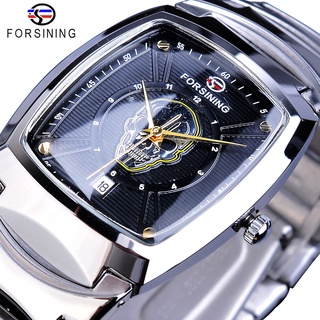 Forsining Hot Sale Business Watches 3D Carving Ghost Skull Rectangle Date Stainless Steel Band Quartz Mens Wristwatches