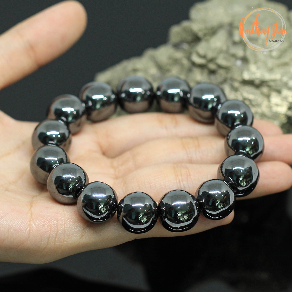 แร่เฮมาไทต์-หินเพชรดำ-ขนาด-14-มิล-hematite-กำไลหินมงคล-แร่ในตระกูลเหล็กไหล-กำไลหินแท้-หินสี