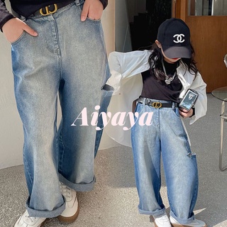 สินค้า Aiyaya กางเกงยีนเด็กผู้หญิง กางเกงขากว้างสีฟ้าอ่อนเกาหลี แฟชั่นและการจับคู่ที่ดี（289）