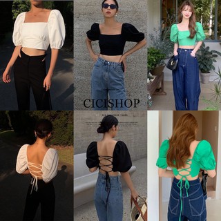 Cicishop(2151)เสื้อครอปแขนตุ๊กตา คอเหลี่ยม ด้านหลังเซกซี่เบาๆผูกเชือกไขว้หลัง มัดได้ตามขนาดตัว ผ้าลื่นใส่สบาย