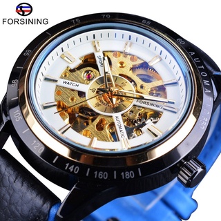 Forsining Blue Genuine Leather Belt Transparent Skeleton Men Watch Top Brand Luxury Automatic Military Sport Wrist Watch