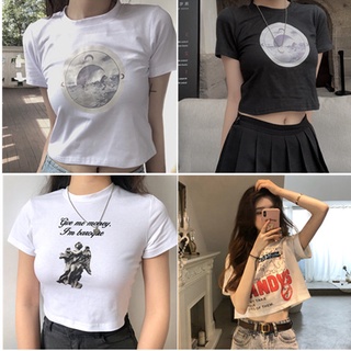 WANG JIAO ZHAN เสื้อยืดแขนสั้น เอวสูง พิมพ์ลายเกาหลี สำหรับผู้หญิง