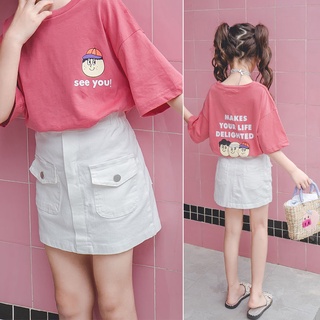 🌟t-shirt🌟ชุดเด็กผู้หญิง 2021 ใหม่เสื้อยืดเด็กขนาดกลางและใหญ่สไตล์ตะวันตกแขนสั้นกระโปรงเด็กเทรนด์เกาหลีชุดสองชิ้น