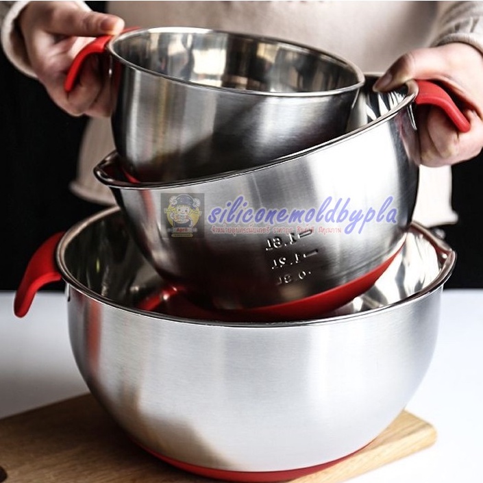 โถผสม ชามผสม โถผสมอาหาร โถผสมสแตนเลส แบบมีที่จับสีแดง (ฝาปิดแยกขายนะคะ ...